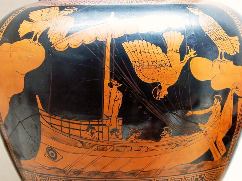 Ulysse attaché au mât de son navire face aux sirènes, sur un vase grec du Ve siècle avant notre ère conservé au British Museum