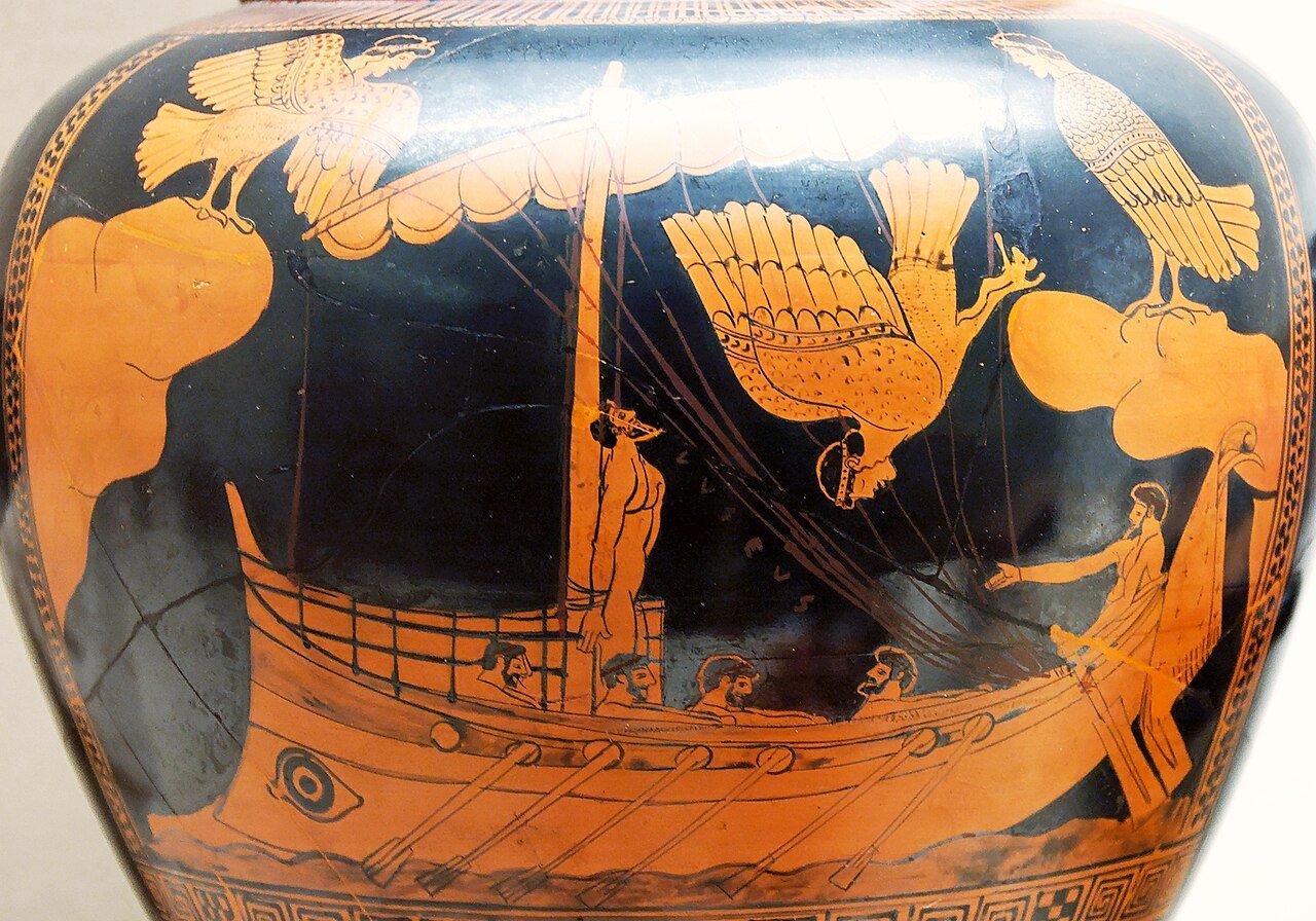 Ulysse attaché au mât de son navire face aux sirènes, sur un vase grec du Ve siècle avant notre ère conservé au British Museum