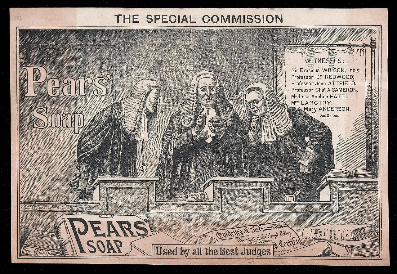 Réclame ancienne pour le savon Pears montrant trois juges en perruque
