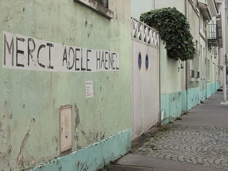 Un collage en lettres noires sur un mur : Merci Adèle Haenel